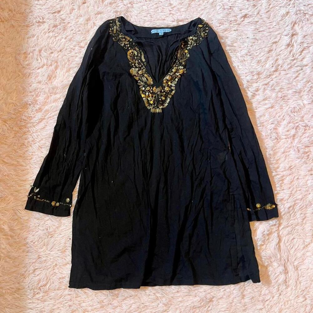 Antonio Melani Black Cotton Gold Beaded Boho Lagenlook Earthy Patchouli Tunic‎